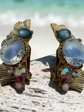 Vintage-Inspired Gold Clip Earrings with Blue and Iridescent Stones